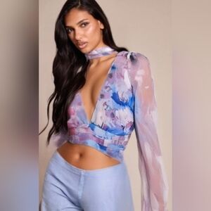 NWT Zara Sheer Cropped Floral Pastel Pink, Blue, Lavendar Blouse